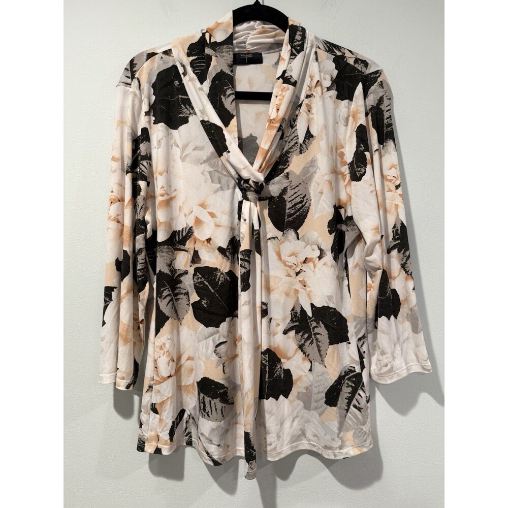 Tahari Top Womens XL Floral Stretch V Neck 3/4 Sleeve Workwear Travel Resort